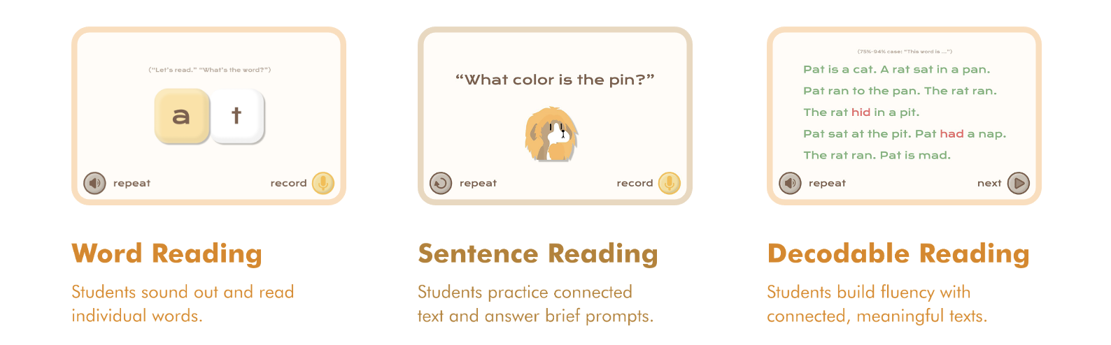Word, sentence, and decodable reading activities