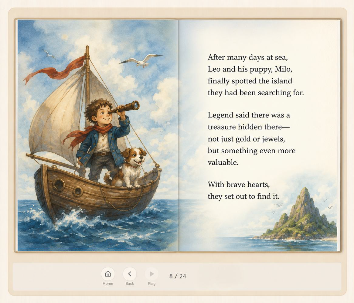 Illustrated sailboat storybook page used for interactive co-reading